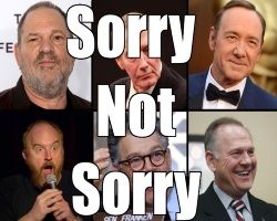 Collage of men accused of harassment with words Sorry Not Sorry on it