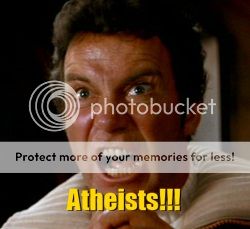 photo of man shouting with word Atheists!