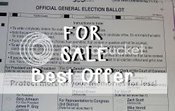 created image showing a ballot with words For Sale on it