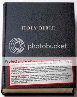 image of a the Holy Bible with a warning sticker