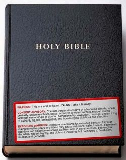 image of a the Holy Bible with a warning sticker