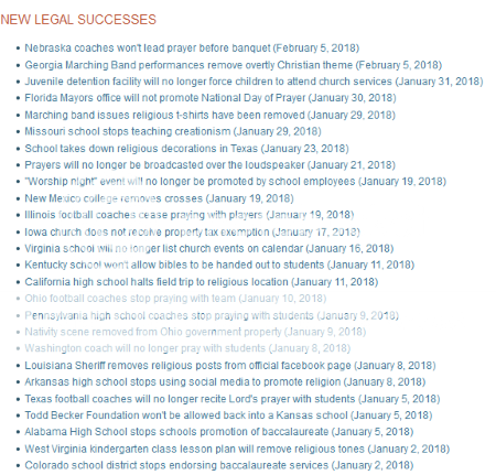 screencap of Sample list of recent FFRF legal victories