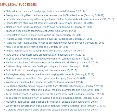 screencap of Sample list of recent FFRF legal victories