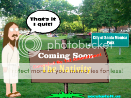 created image of a park with a canceled sign for a Nativity scene and Jesus saying he quit