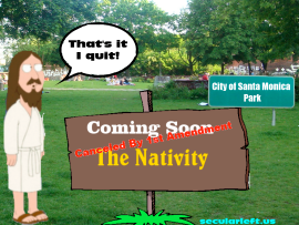 created image of a park with a canceled sign for a Nativity scene and Jesus saying he quit