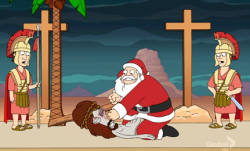 Scene of Santa fighting Jesus from American Dad cartoon